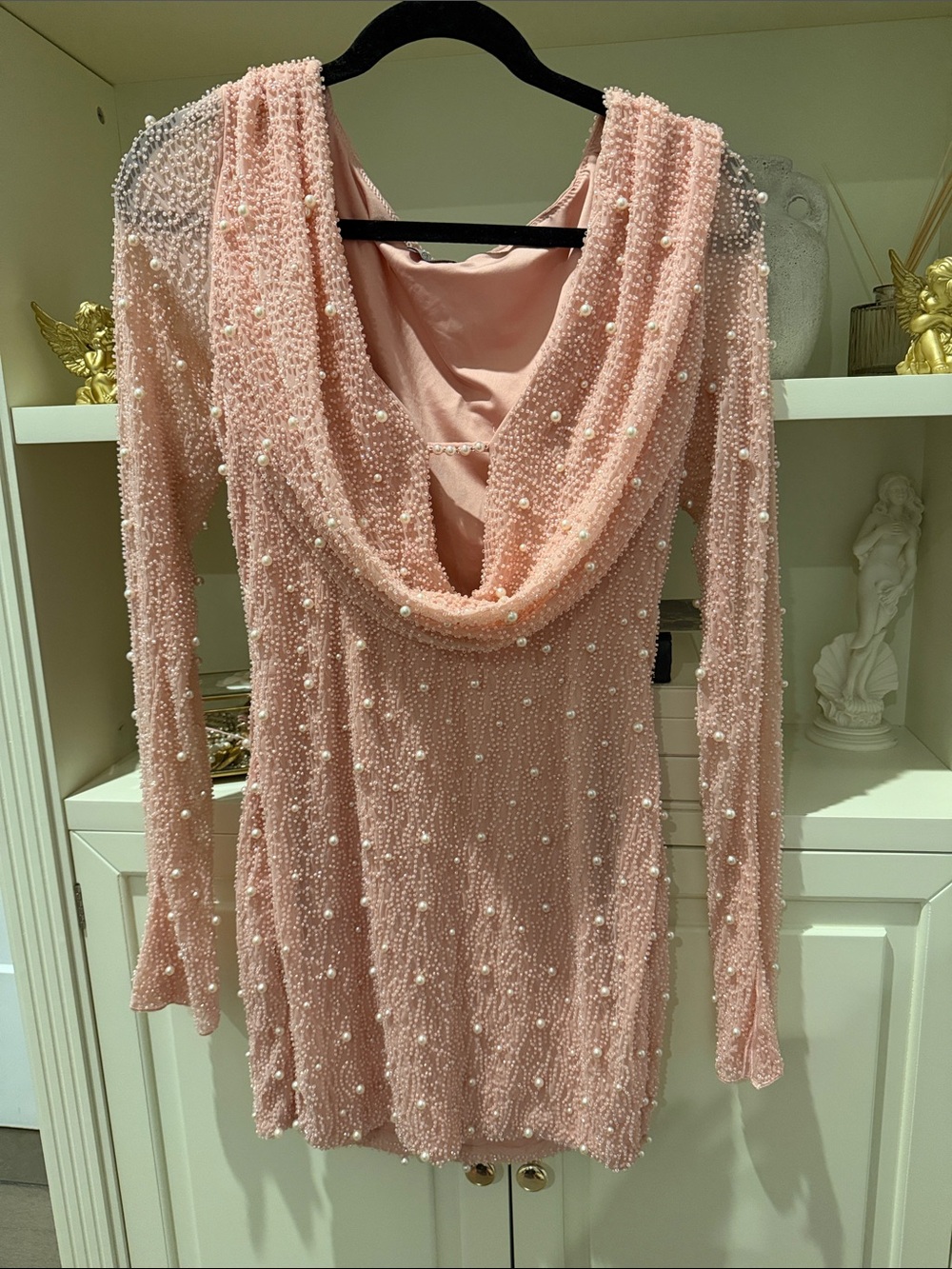 Oh Polly Blush Pink Pearl-Embellished Cowl Neck Mini Dress